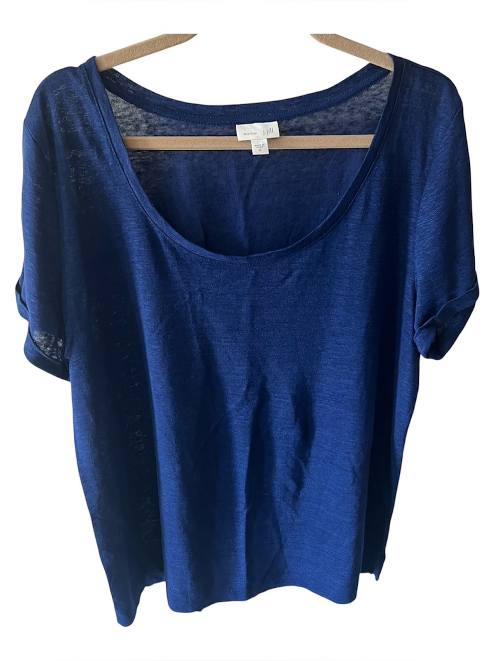 J JILL Love Linen Scoop Neck Short Sleeve Slub Knit Tee in Navy Blue Sz XL
